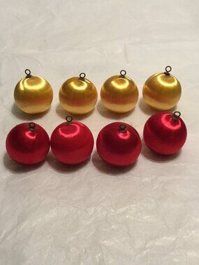 Vintage Mid Century Modern set of 8 red & yellow satin silk Christmas ornaments